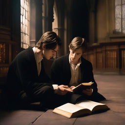 A photorealistic depiction of two attractive young men in an old gothic academy library