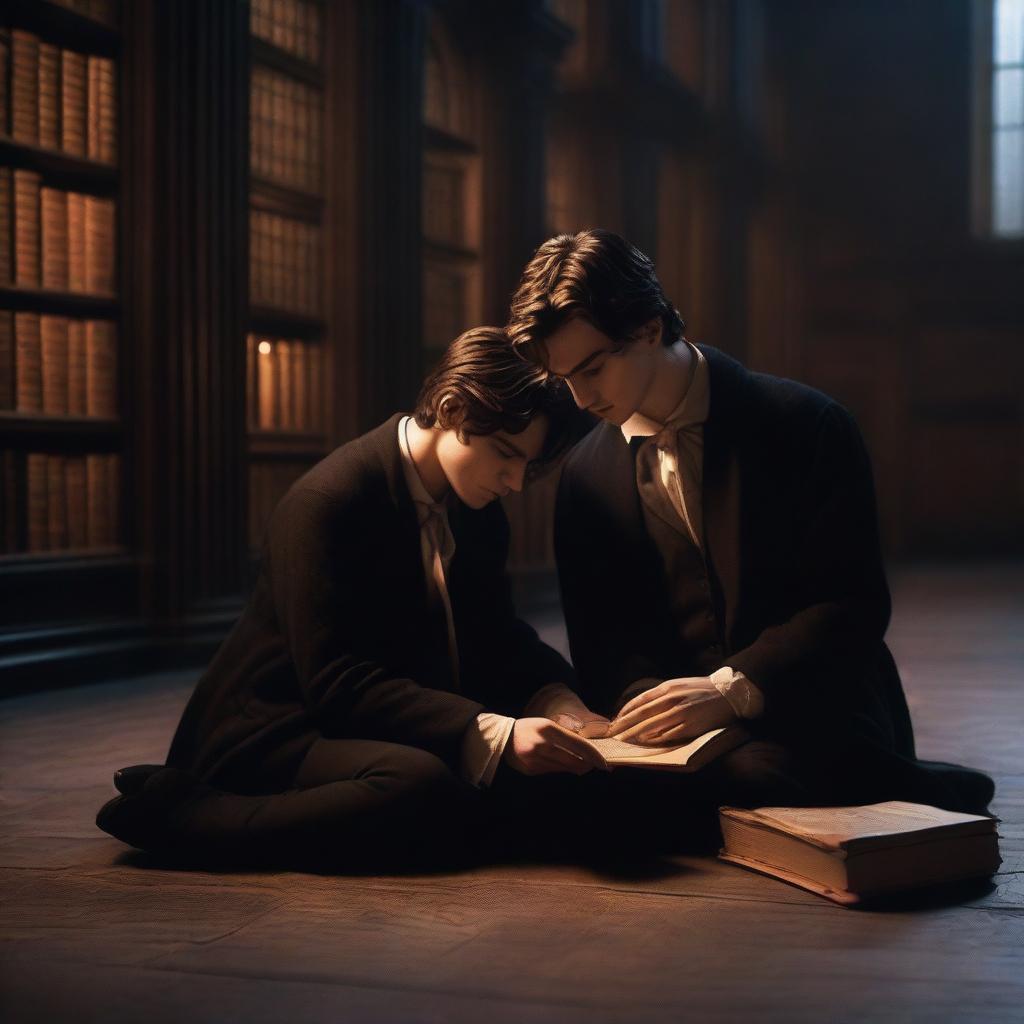 A photorealistic image of two sexy young men in an old gothic academy library, sitting on the floor huddled very close to each other