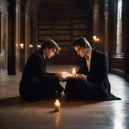 A photorealistic image of two sexy young men in an old gothic academy library, sitting on the floor huddled very close to each other