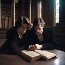 A photorealistic image of two sexy young men in an old gothic academy library, sitting on the floor huddled very close to each other