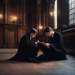 A photorealistic image of two sexy young men in an old gothic academy library, sitting on the floor huddled very close to each other