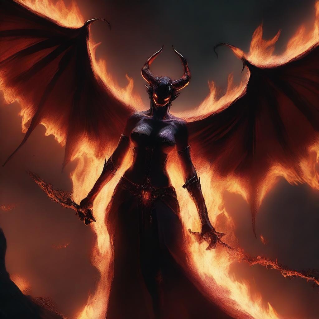 A menacing succubus demon torturing a soul in the fiery depths of Avernus