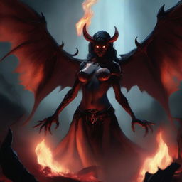 A menacing succubus demon torturing a soul in the fiery depths of Avernus