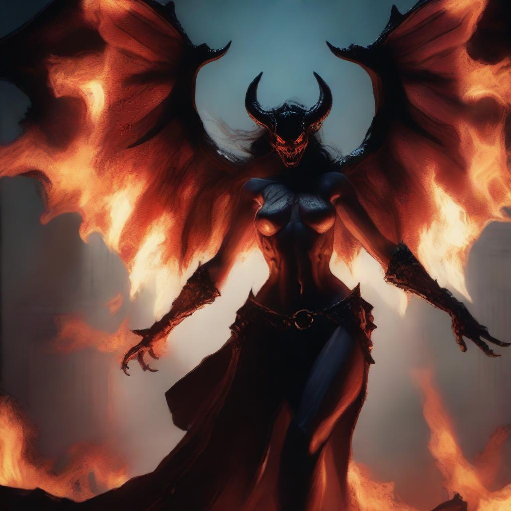 A menacing succubus demon torturing a soul in the fiery depths of Avernus