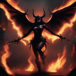 A menacing succubus demon torturing a soul in the fiery depths of Avernus