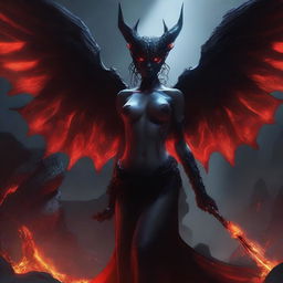 Avernous succubus, a demonic female figure with bat-like wings, glowing red eyes, and a seductive yet menacing aura