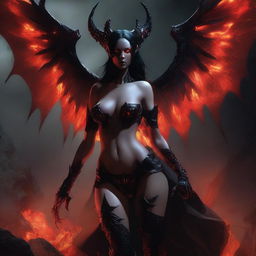 Avernous succubus, a demonic female figure with bat-like wings, glowing red eyes, and a seductive yet menacing aura