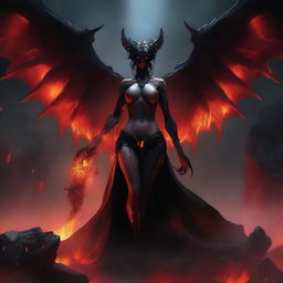 Avernous succubus, a demonic female figure with bat-like wings, glowing red eyes, and a seductive yet menacing aura