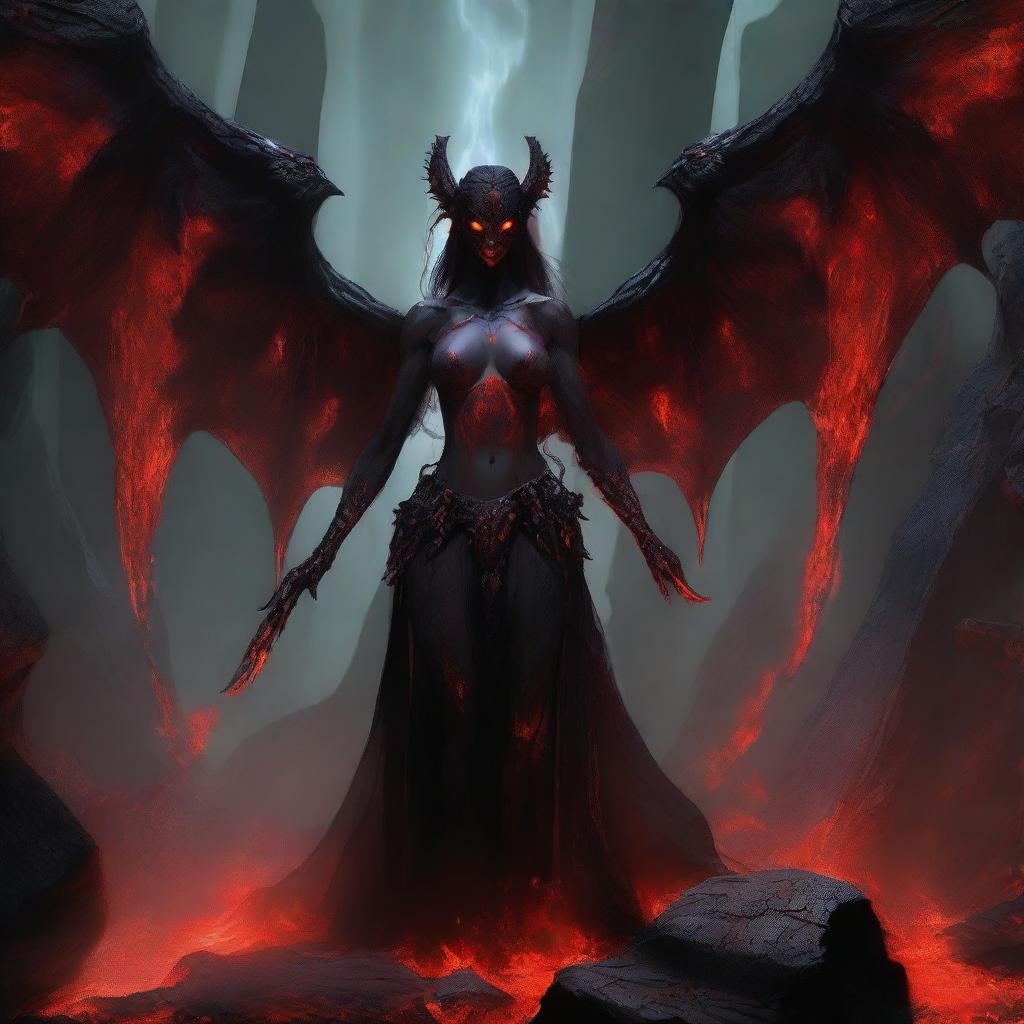 Avernous succubus, a demonic female figure with bat-like wings, glowing red eyes, and a seductive yet menacing aura