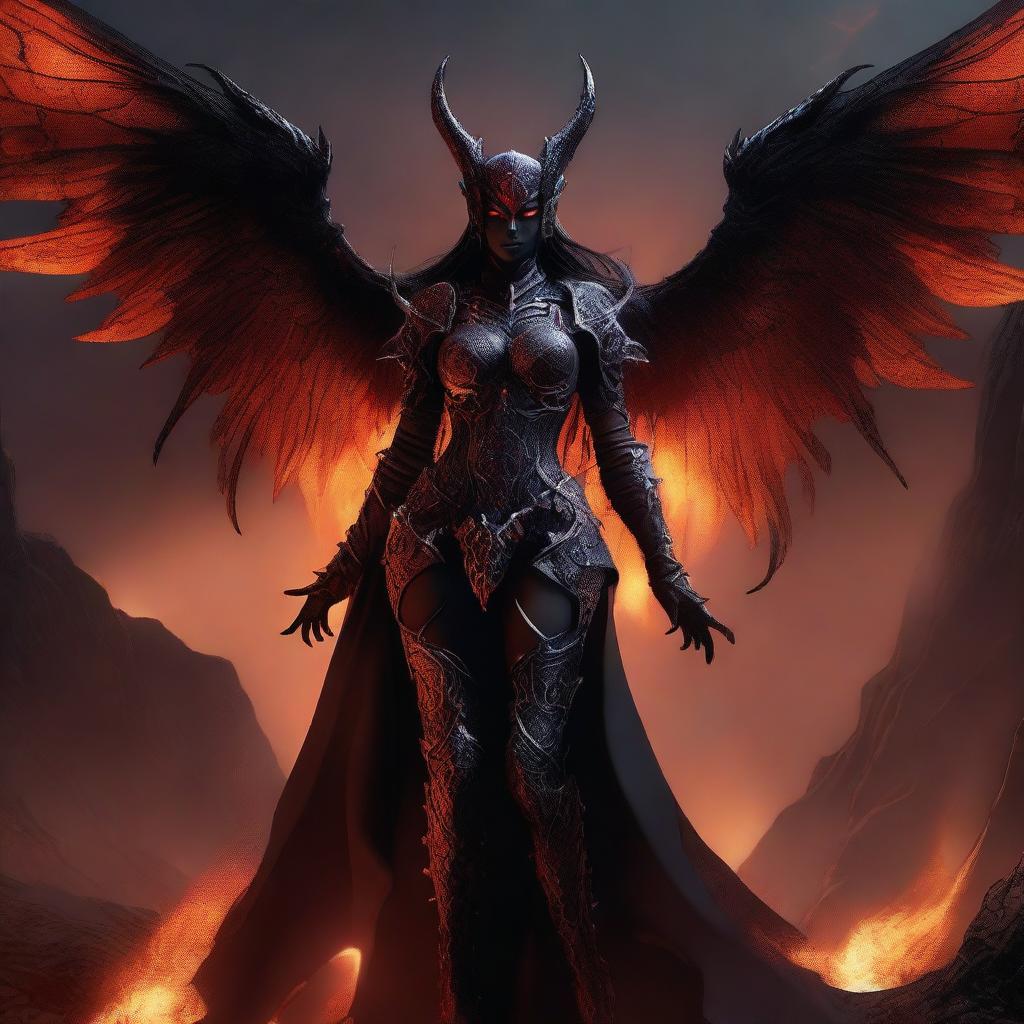 A powerful and imposing succubus adorned in dark, intricately designed armor