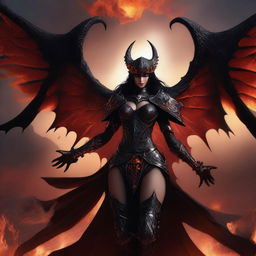 A powerful and imposing succubus adorned in dark, intricately designed armor