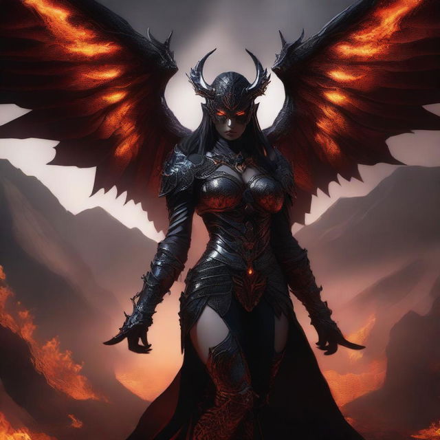 A powerful and imposing succubus adorned in dark, intricately designed armor