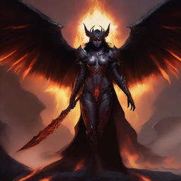 A powerful and imposing succubus adorned in dark, intricately designed armor