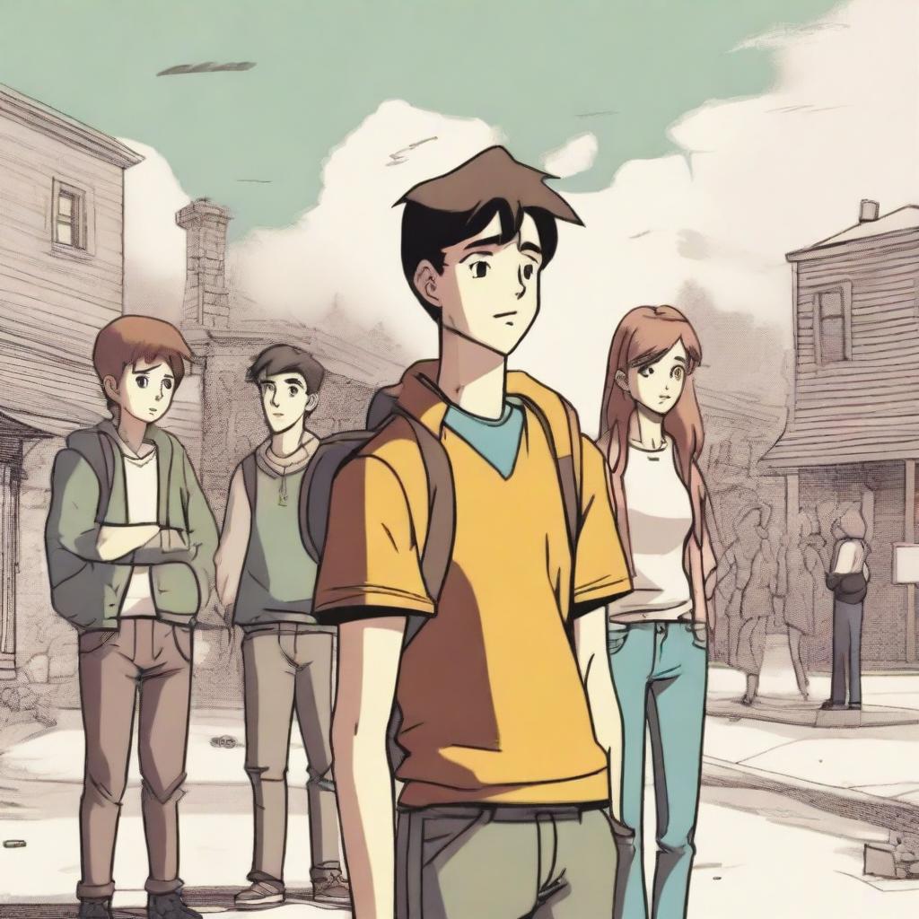 A scene depicting the main character, looking conflicted, as they interact with their childhood crush who has recently moved back into town