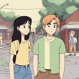 A scene depicting the main character, looking conflicted, as they interact with their childhood crush who has recently moved back into town