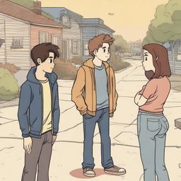 A scene depicting the main character, looking conflicted, as they interact with their childhood crush who has recently moved back into town