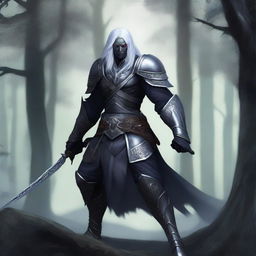 A drow warrior, male, clad in heavy armor, wielding two swords