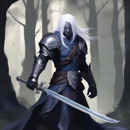 A drow warrior, male, clad in heavy armor, wielding two swords