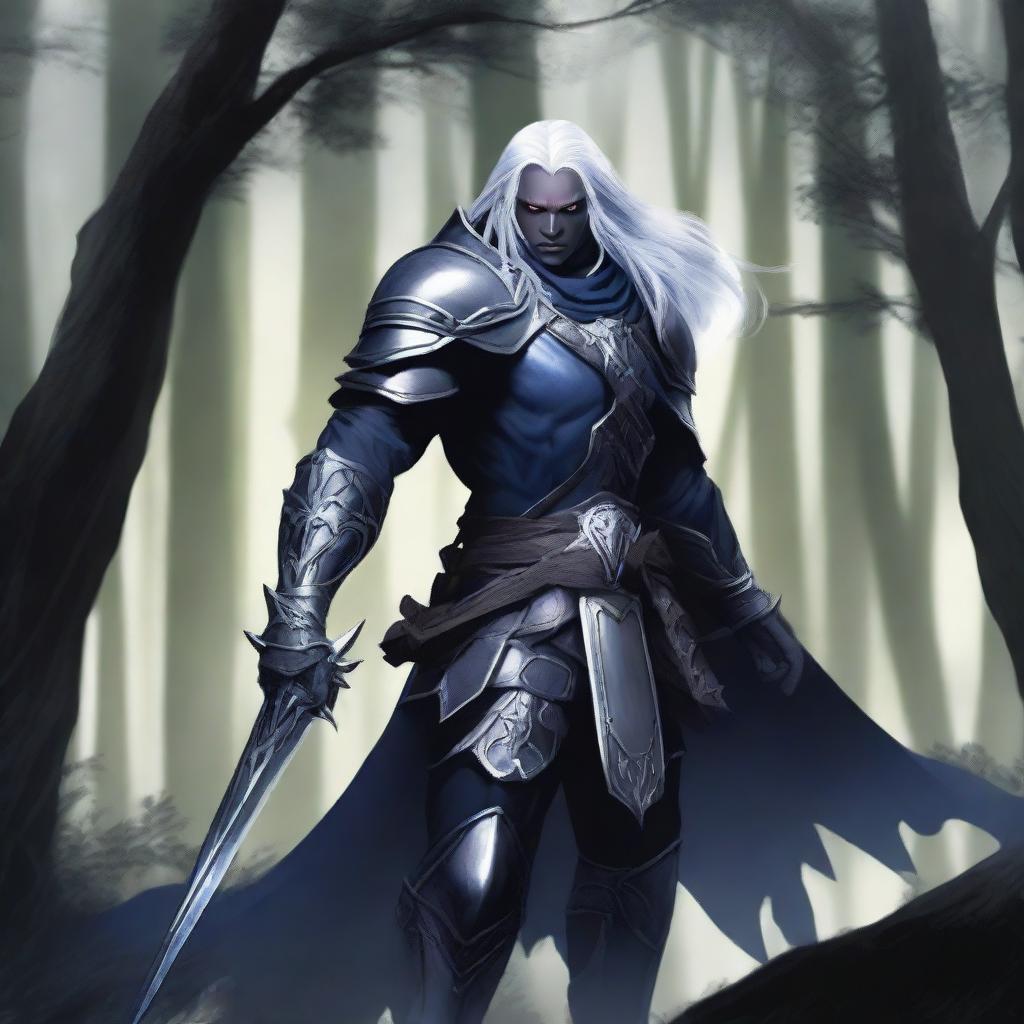 A drow warrior, male, clad in heavy armor, wielding two swords