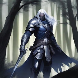 A drow warrior, male, clad in heavy armor, wielding two swords