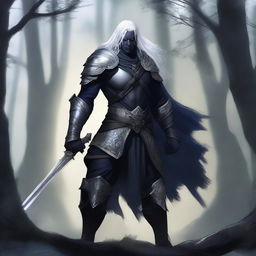 A drow warrior, male, clad in heavy armor, wielding two swords