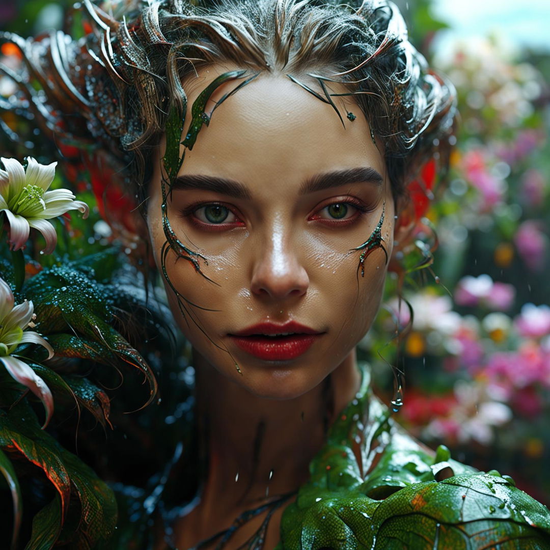 Intense close-up of a Russian elfish woman with short dark hair and elf ears in a vibrant, flower-filled rococo Russian town on a rainy day. Her face is intricately detailed under immaculate composition and lighting.