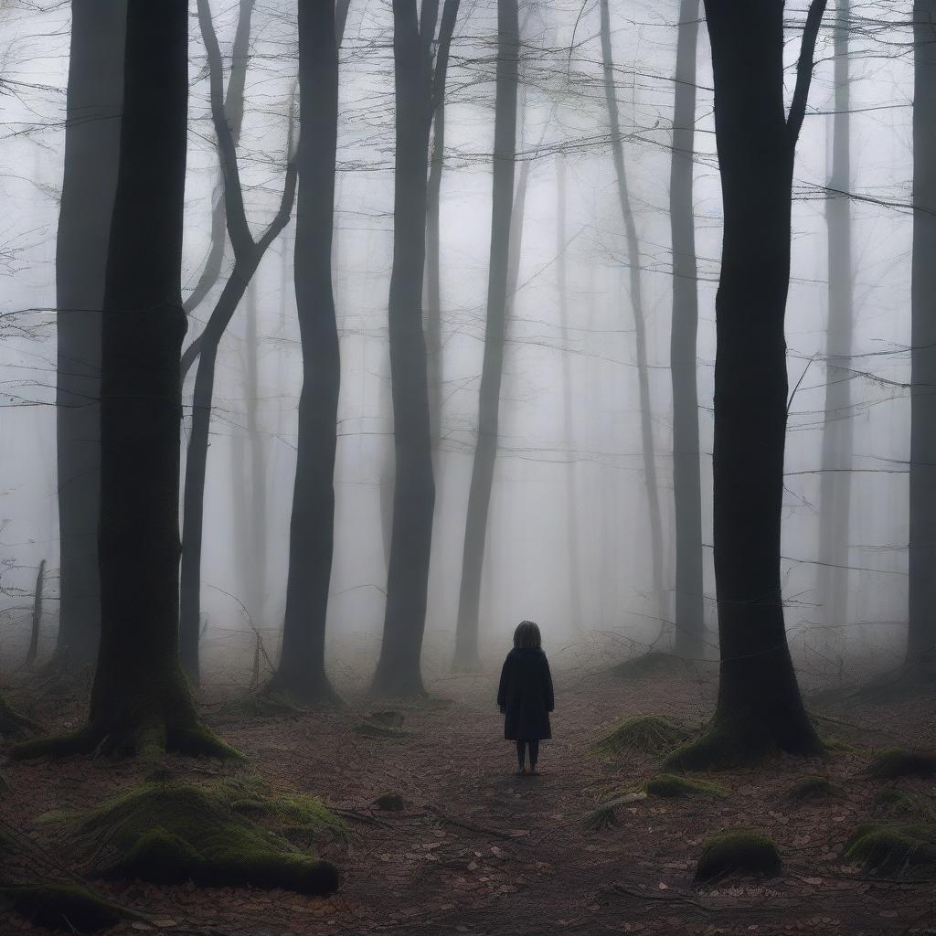 Create an image titled 'The Abandoned Child' set in a dense, dark forest