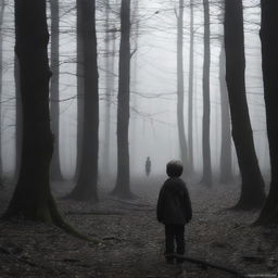 Create an image titled 'The Abandoned Child' set in a dense, dark forest