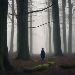 Create an image titled 'The Abandoned Child' set in a dense, dark forest