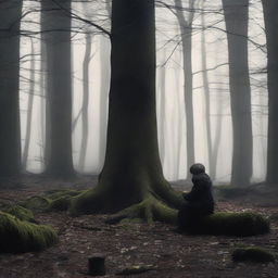 Create an image titled 'The Abandoned Child' set in a dense, dark forest