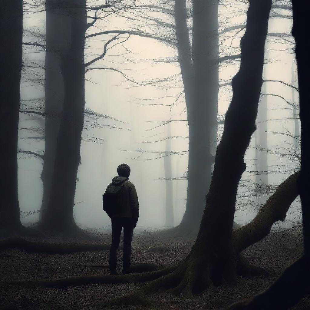 Create an image titled 'That Abandoned Teen' set in a dense, dark forest