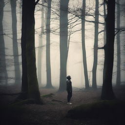 Create an image titled 'That Abandoned Teen' set in a dense, dark forest