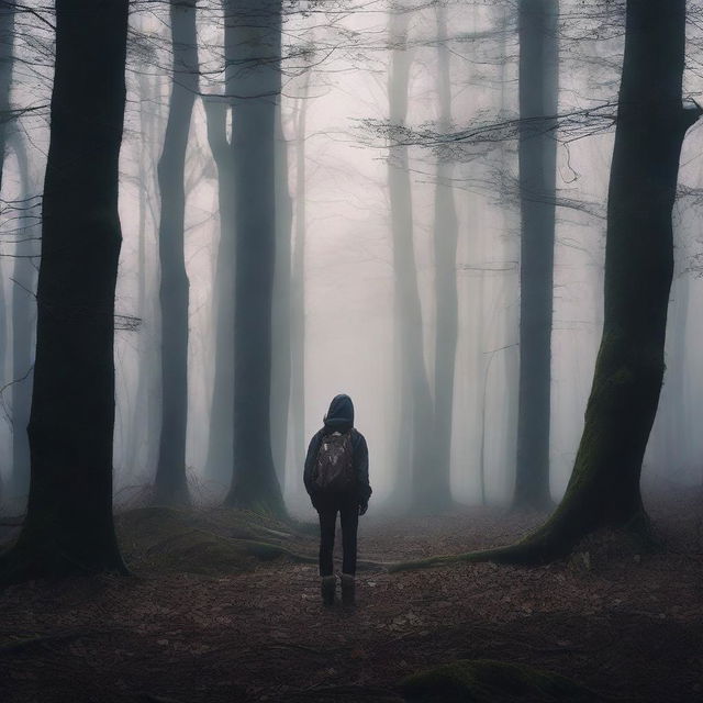 Create an image titled 'That Abandoned Teen' set in a dense, dark forest