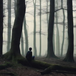 Create an image titled 'That Abandoned Teen' set in a dense, dark forest