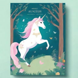 Design a book cover set in an enchanted forest featuring a majestic unicorn, a delicate fairy, and a charming calico cat