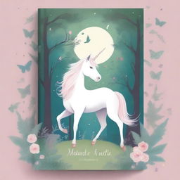 Design a book cover set in an enchanted forest featuring a majestic unicorn, a delicate fairy, and a charming calico cat