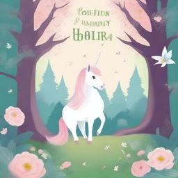 Design a book cover set in an enchanted forest featuring a majestic unicorn, a delicate fairy, and a charming calico cat