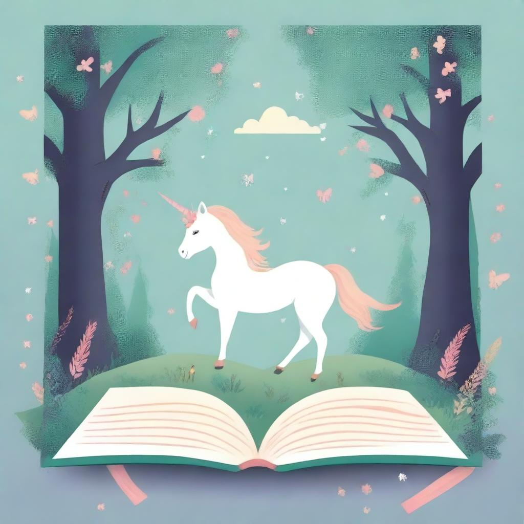 Design a book cover set in an enchanted forest featuring a majestic unicorn, a delicate fairy, and a charming calico cat