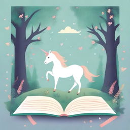 Design a book cover set in an enchanted forest featuring a majestic unicorn, a delicate fairy, and a charming calico cat