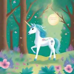 A whimsical and colorful book cover for children featuring a magical unicorn standing in an enchanted forest