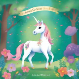 A whimsical and colorful book cover for children featuring a magical unicorn standing in an enchanted forest