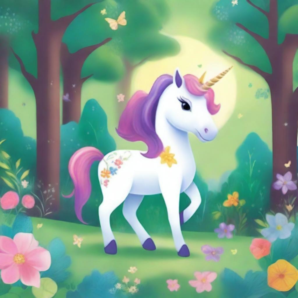 A whimsical and colorful book cover for children featuring a magical unicorn standing in an enchanted forest