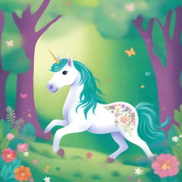 A whimsical and colorful book cover for children featuring a magical unicorn standing in an enchanted forest