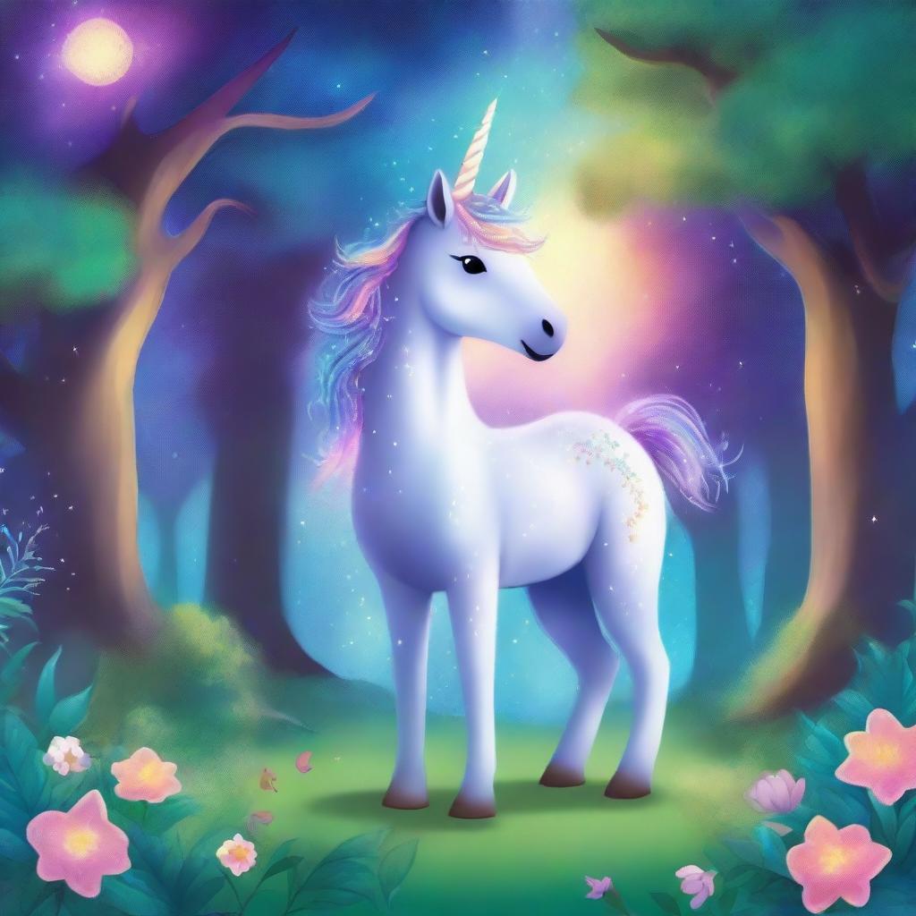 A vibrant and magical book cover for children featuring a galaxy-themed unicorn standing in an enchanted forest