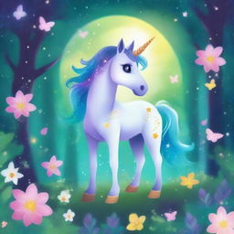 A vibrant and magical book cover for children featuring a galaxy-themed unicorn standing in an enchanted forest