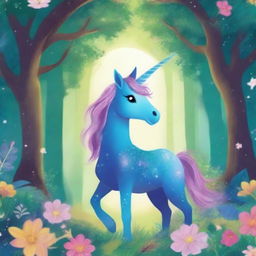 A vibrant and magical book cover for children featuring a galaxy-themed unicorn standing in an enchanted forest