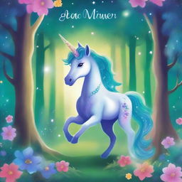 A vibrant and magical book cover for children featuring a galaxy-themed unicorn standing in an enchanted forest