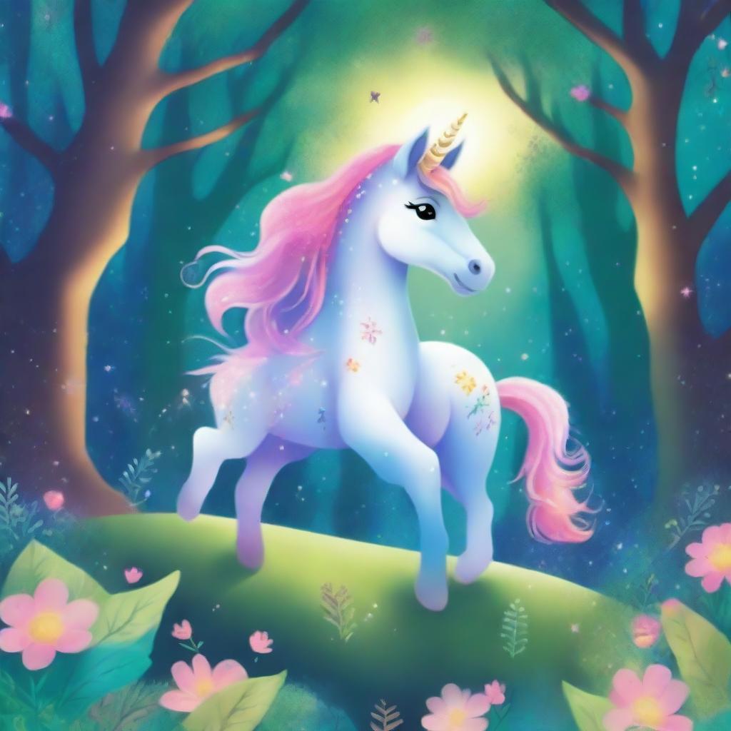 A vibrant and magical book cover for children featuring a unicorn with a galaxy-themed mane standing in an enchanted forest