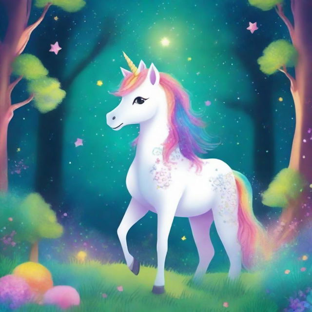 A vibrant and magical book cover for children featuring a unicorn with a galaxy-themed mane standing in an enchanted forest