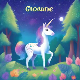 A vibrant and magical book cover for children featuring a unicorn with a galaxy-themed mane standing in an enchanted forest